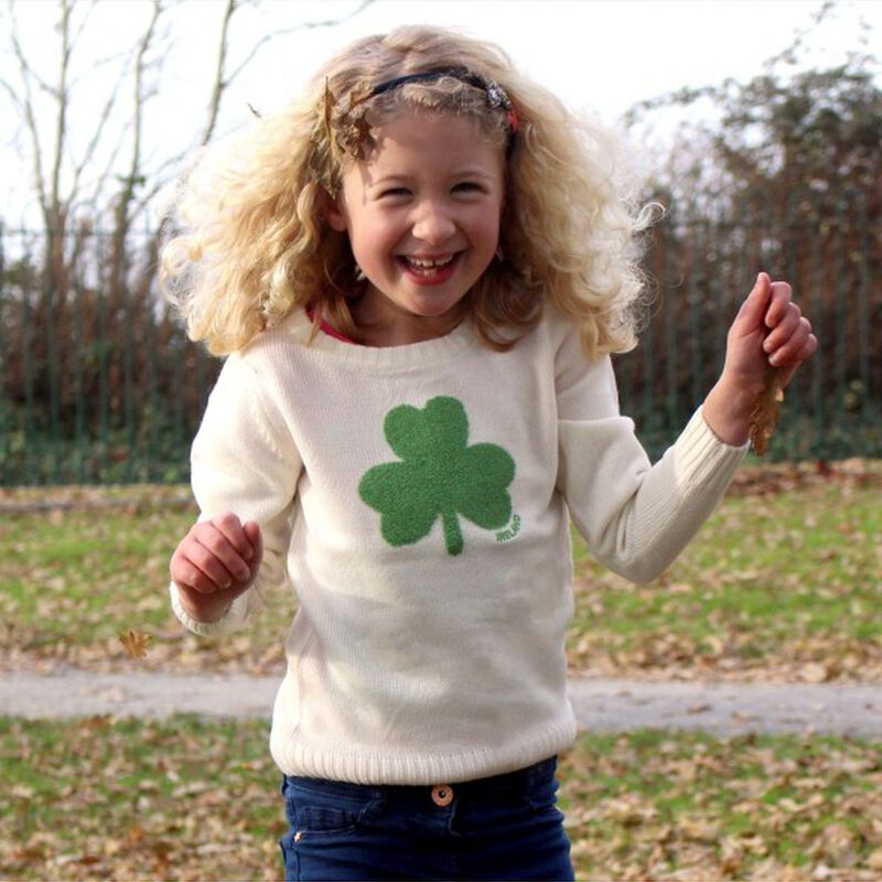 Round Neck Ireland Kids Sweater with Fluffy Shamrock  Cream Colour